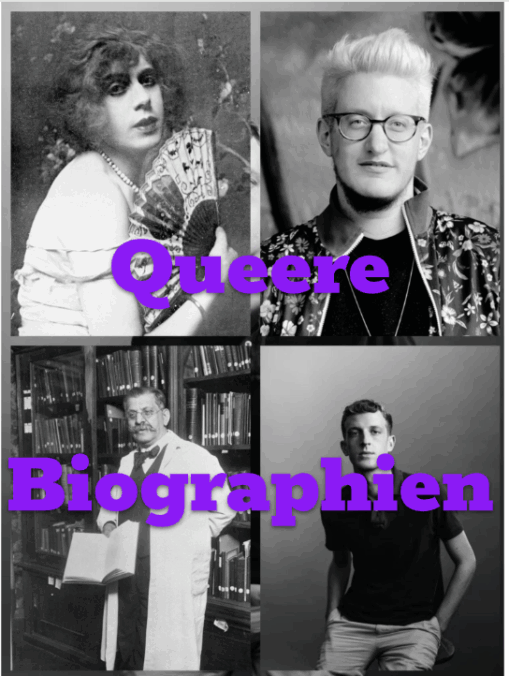 Auf Titelbild sind Fotos der folgenden Autor:innen zu sehen: Lili Elbe, Linus Giese, Magnus Hirschfeld und Édouard Louis.